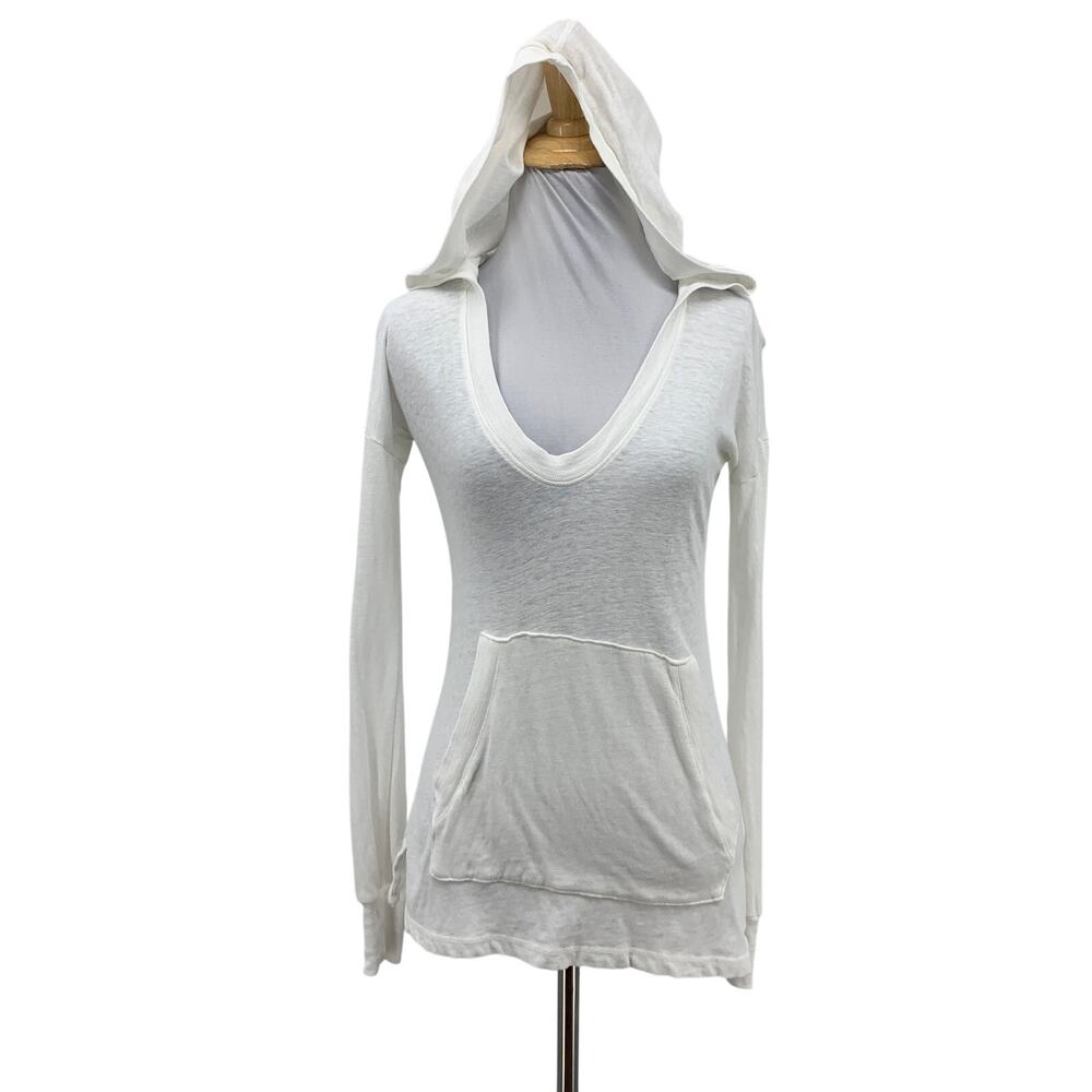 James Perse Hoodie Womens 0 White Standard Cotton V Neck Lightweight Pockets